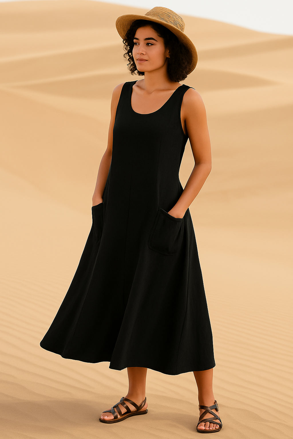 Vestido Isadora Midi sem Mangas e Bolsos Frontais - (Leve 2 Pague 1)