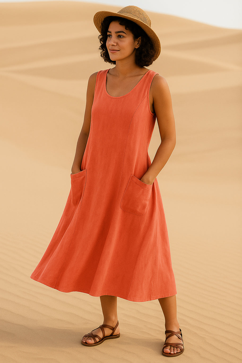 Vestido Isadora Midi sem Mangas e Bolsos Frontais - (Leve 2 Pague 1)