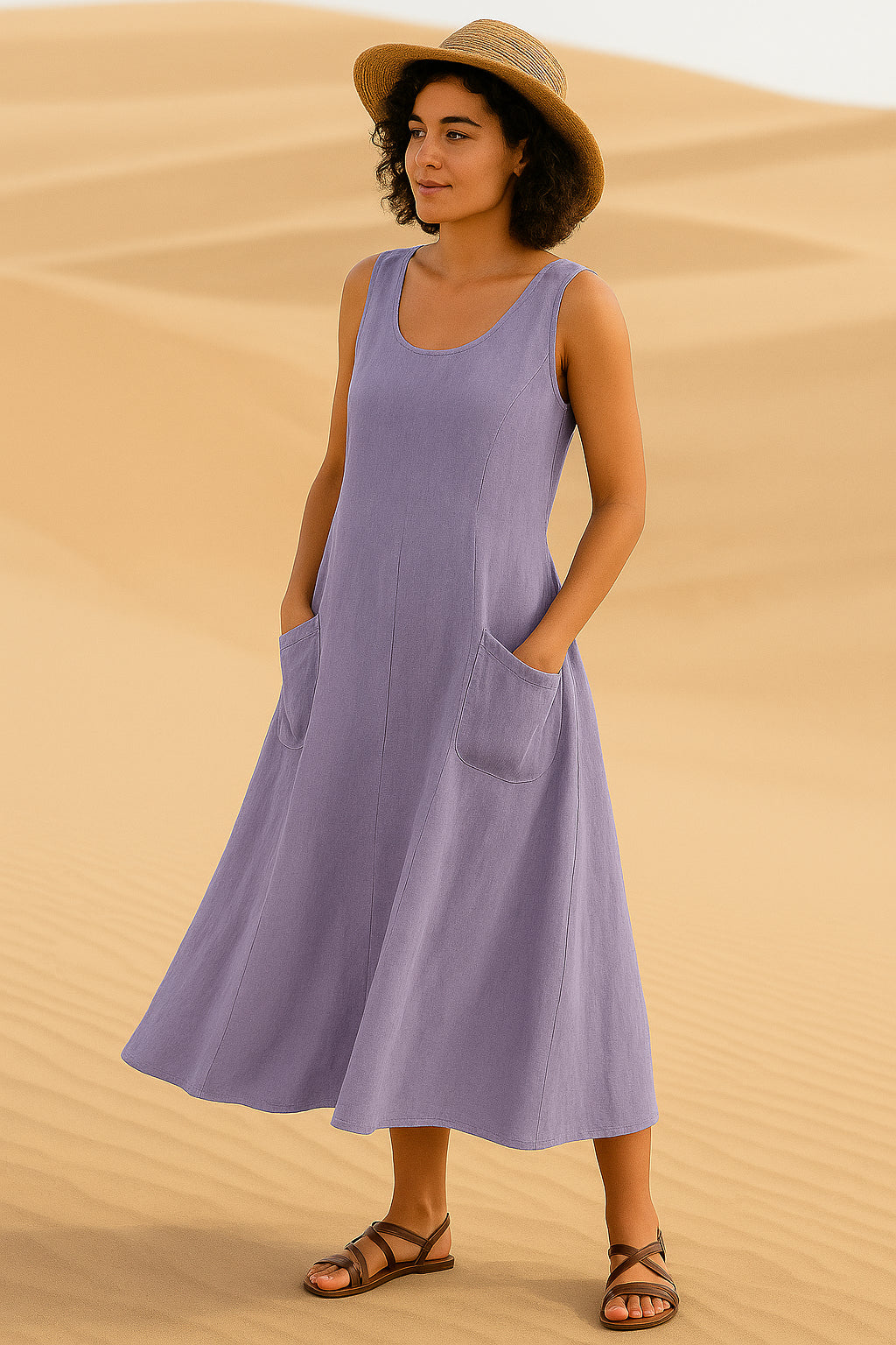 Vestido Isadora Midi sem Mangas e Bolsos Frontais - (Leve 2 Pague 1)