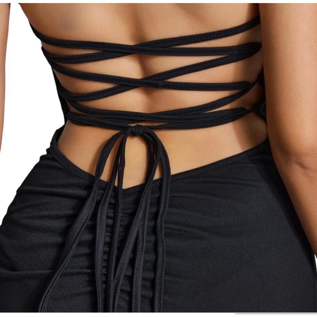 Vestido Longo Suplex Fenda na frente Empina Detalhe no Bumbum Festa Alca Trançado nas costa