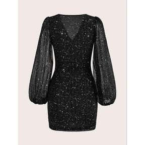 Vestido Curto Manga Comprida Brilho Glitter Sensual Elegante Tendência Moda Blogueira D025