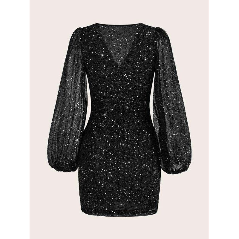 Vestido Curto Manga Comprida Brilho Glitter Sensual Elegante Tendência Moda Blogueira D025
