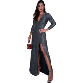 Vestido Longo com Fenda e Brilho Lurex, Formatura, Casamento