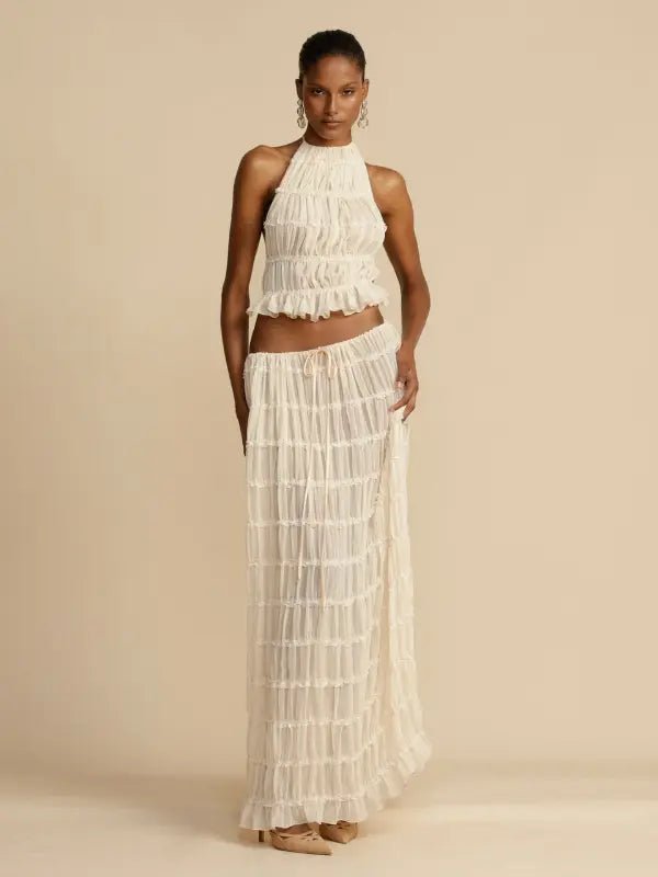 Conjunto de Cropped e Saia Longa Chiffon Drapeado Lana