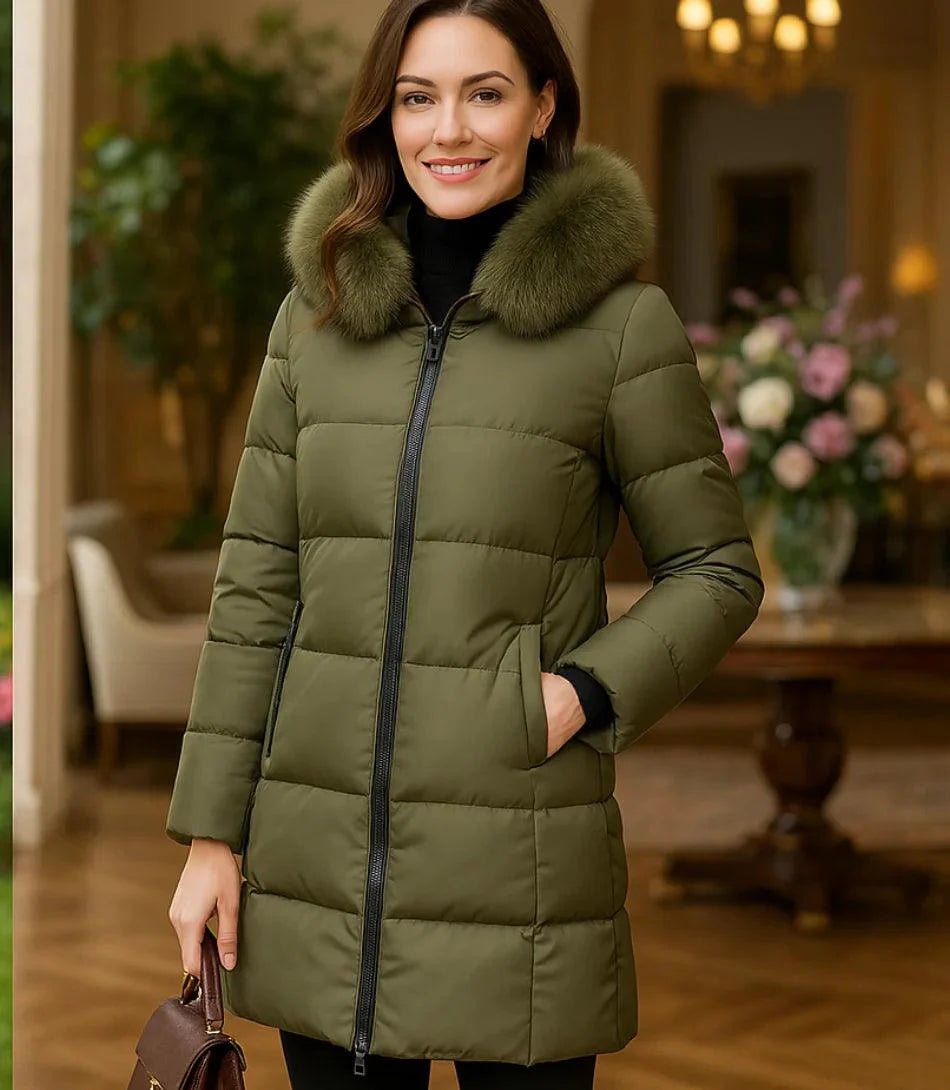 Casaco Feminino de Inverno Longo Com Capuz e Gola De Pelo | Júlia