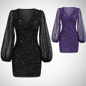 Vestido Curto Manga Comprida Brilho Glitter Sensual Elegante Tendência Moda Blogueira D025