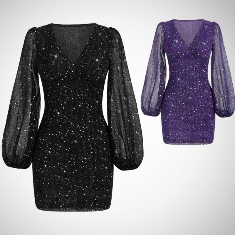 Vestido Curto Manga Comprida Brilho Glitter Sensual Elegante Tendência Moda Blogueira D025