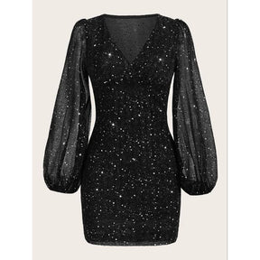 Vestido Curto Manga Comprida Brilho Glitter Sensual Elegante Tendência Moda Blogueira D025