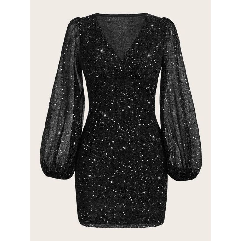 Vestido Curto Manga Comprida Brilho Glitter Sensual Elegante Tendência Moda Blogueira D025