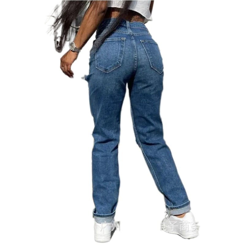 Calça Wide Leg Jeans Rasgado Feminina Sporty