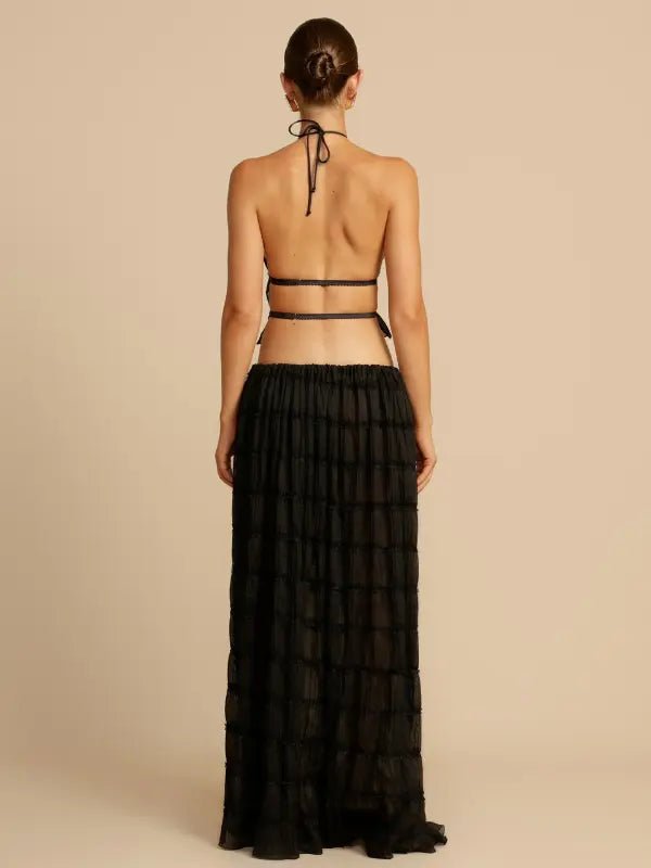 Conjunto de Cropped e Saia Longa Drapeado Luana Preto