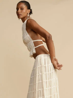 Conjunto de Cropped e Saia Longa Chiffon Drapeado Lana