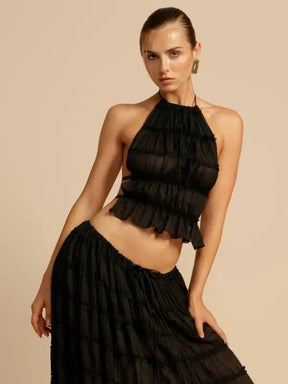 Conjunto de Cropped e Saia Longa Drapeado Luana Preto