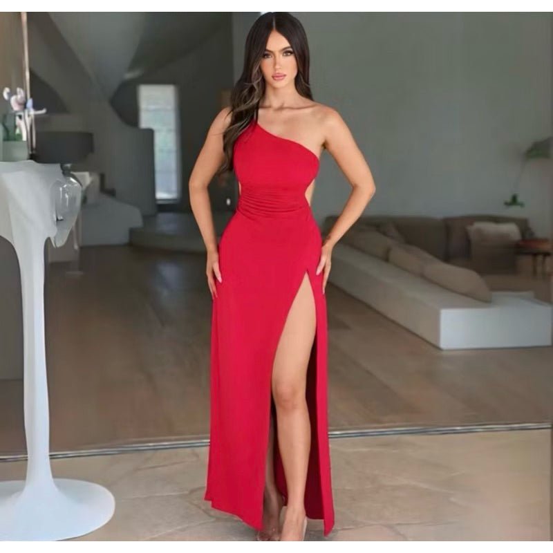 Vestido longo de uma alça Fenda na perna tendência para casamento, formatura e festas