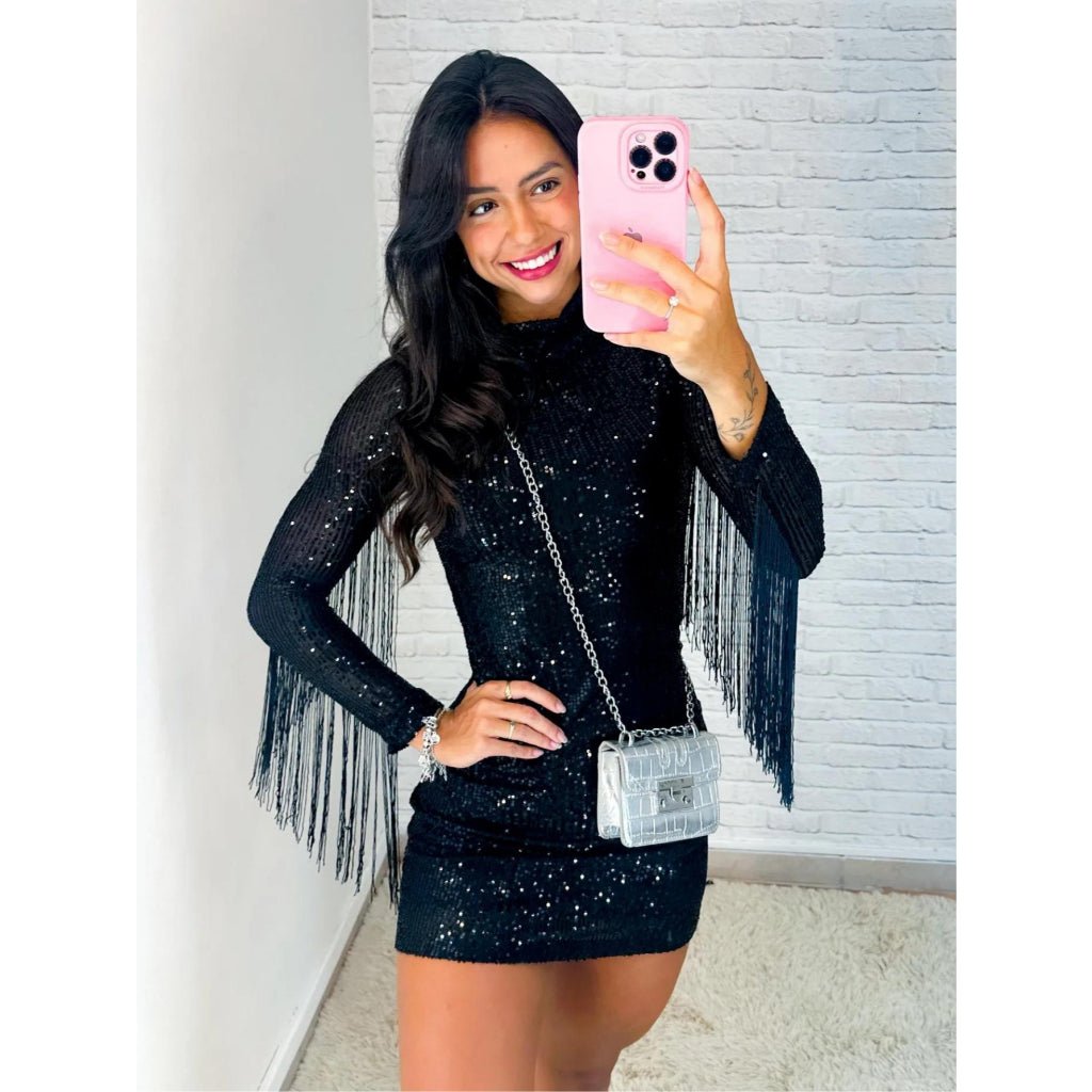 Vestido feminino moda pecuária em paetê festa country manga longa franjas brilho gola alta e zíper