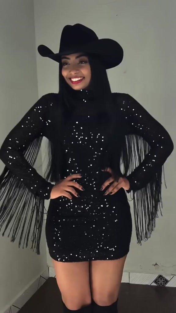 Vestido feminino moda pecuária em paetê festa country manga longa franjas brilho gola alta e zíper