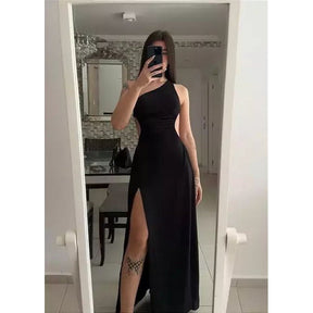 Vestido longo de uma alça Fenda na perna tendência para casamento, formatura e festas