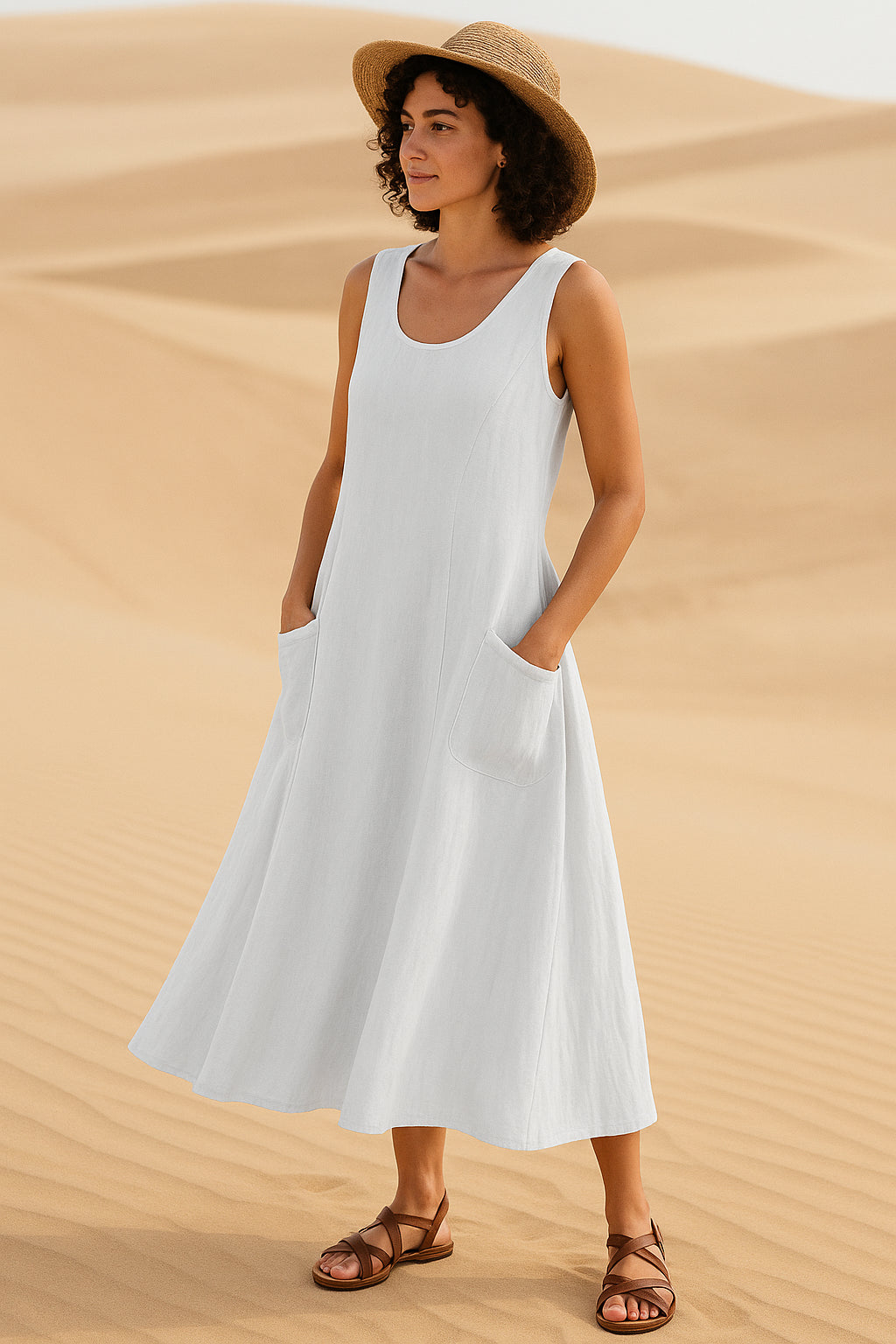 Vestido Isadora Midi sem Mangas e Bolsos Frontais - (Leve 2 Pague 1)