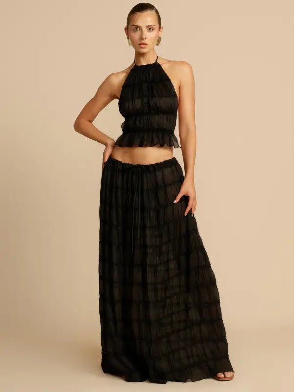 Conjunto de Cropped e Saia Longa Drapeado Luana Preto