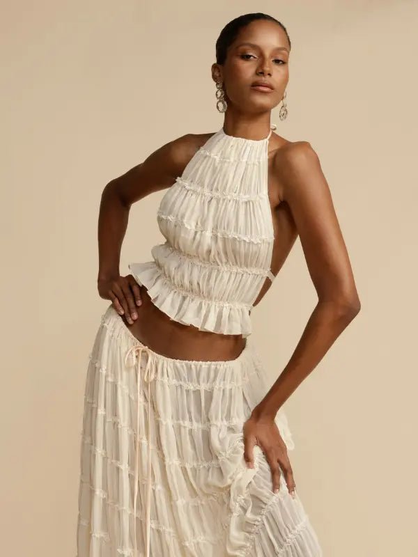 Conjunto de Cropped e Saia Longa Chiffon Drapeado Lana