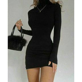 Vestido Cacharrel Gola Alta Manga Longa de Inverno Preto Curto Frio
